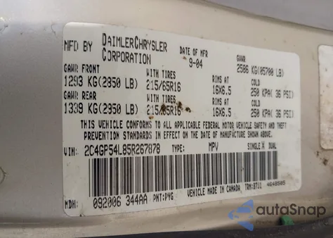 2005 Chrysler Town & Country Touring z USA, uszkodzony, nr VIN 2C4GP54L85R267878